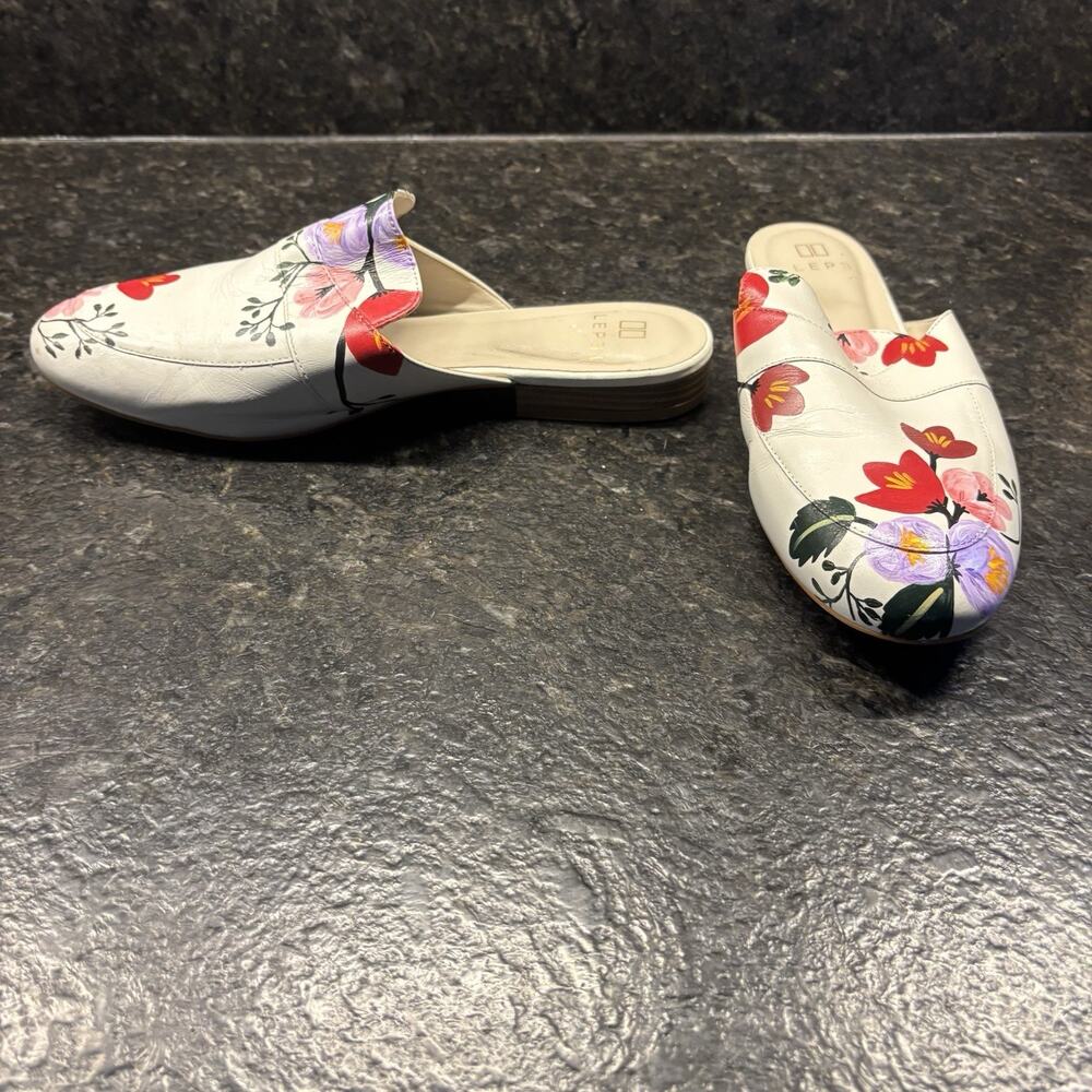 Alepel Hand Painted Leather Made In Brazil White Floral Mules Size 10